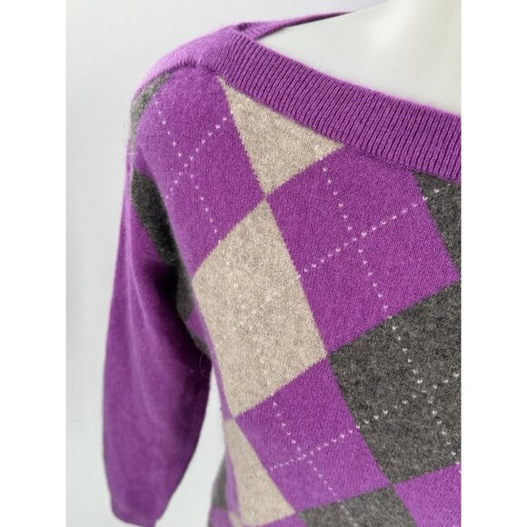 Banana Republic Cashmere Sweater Purple Gray Argyle Boat Neck Medium - Picture 4 of 9
